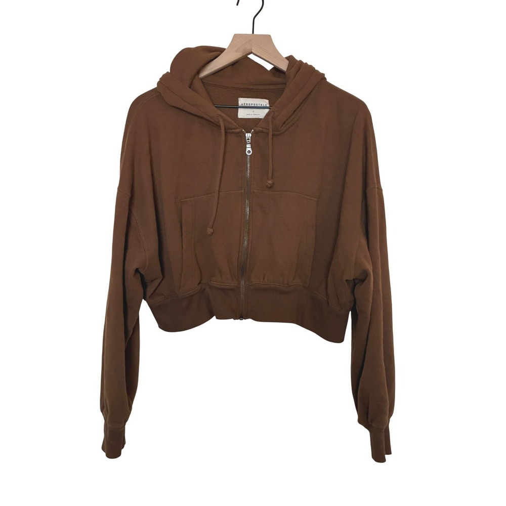 Y2K Aeropostale Cropped Zip Up Hoodie Womens Size Lg Brown Fleece Lined Gorpcore